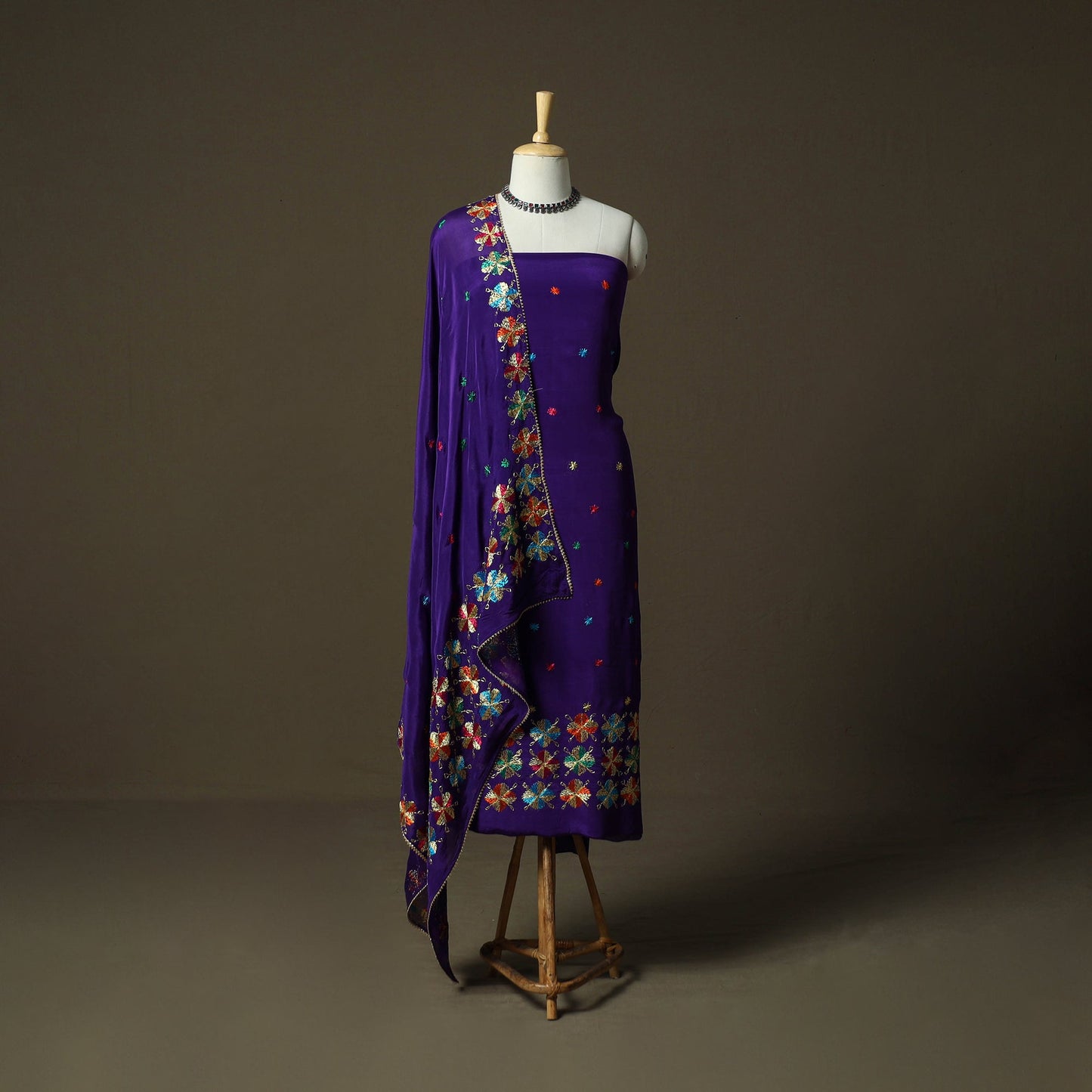 Phulkari hand embroidered crepe silk 3pc unstitched dress