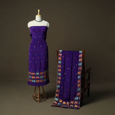 Phulkari hand embroidered crepe silk 3pc unstitched dress