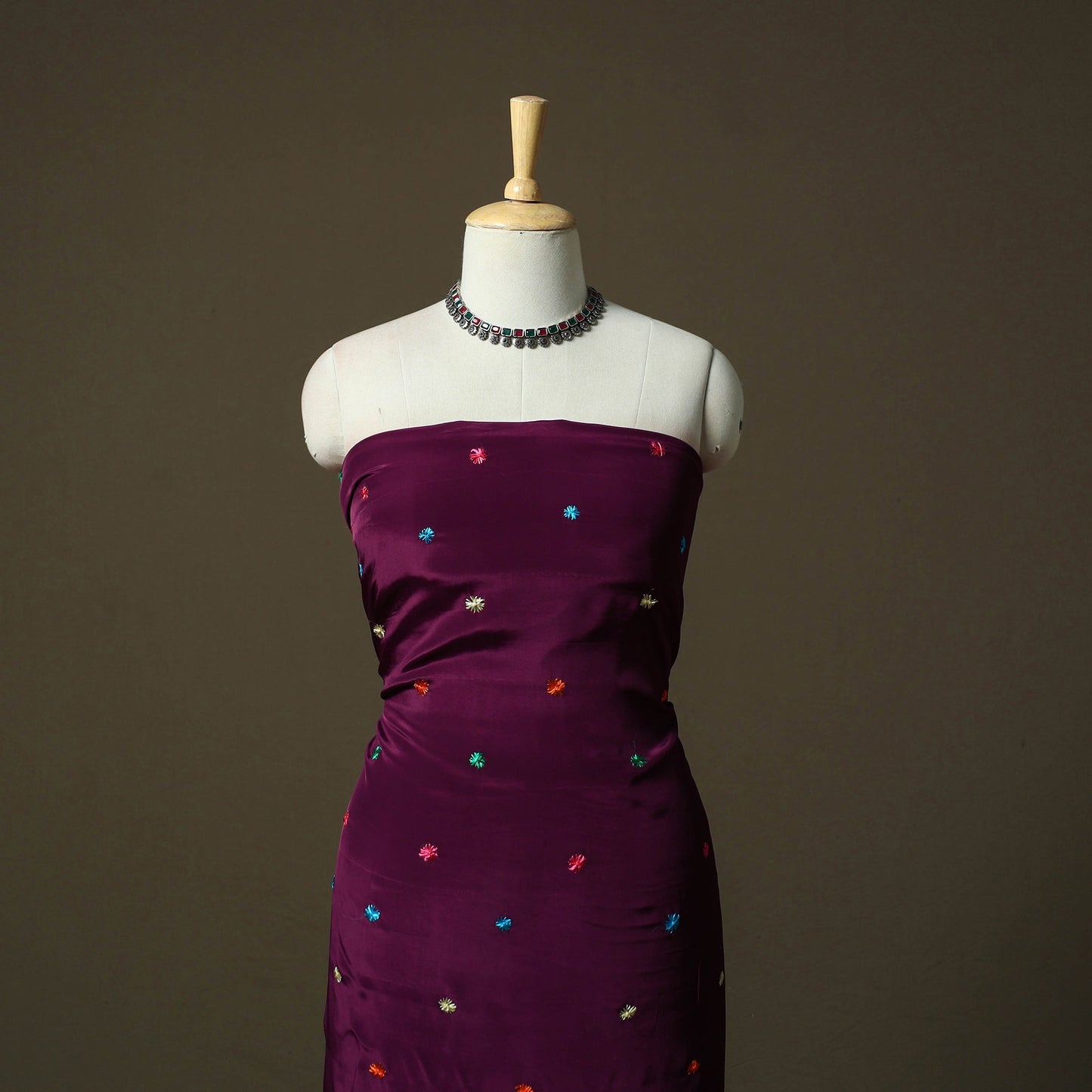 Phulkari hand embroidered crepe silk 3pc unstitched dress
