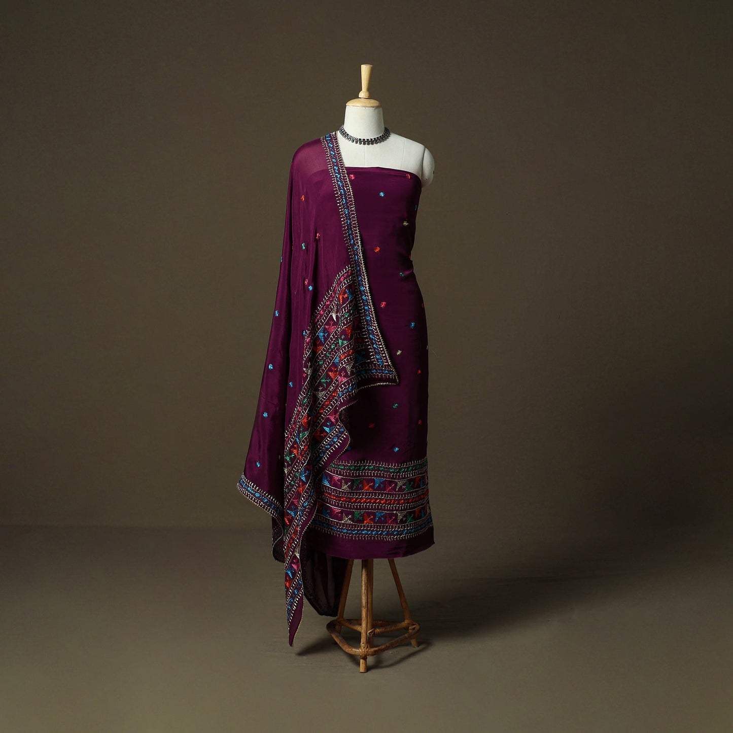 Phulkari hand embroidered crepe silk 3pc unstitched dress