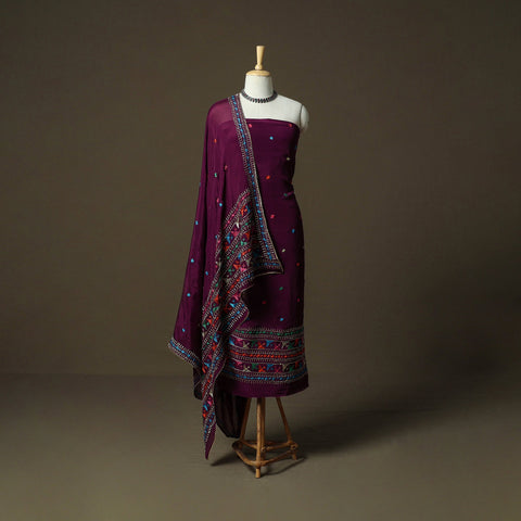 Phulkari hand embroidered crepe silk 3pc unstitched dress