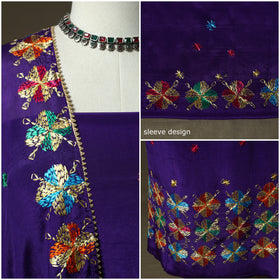 Phulkari hand embroidered crepe silk 3pc unstitched dress