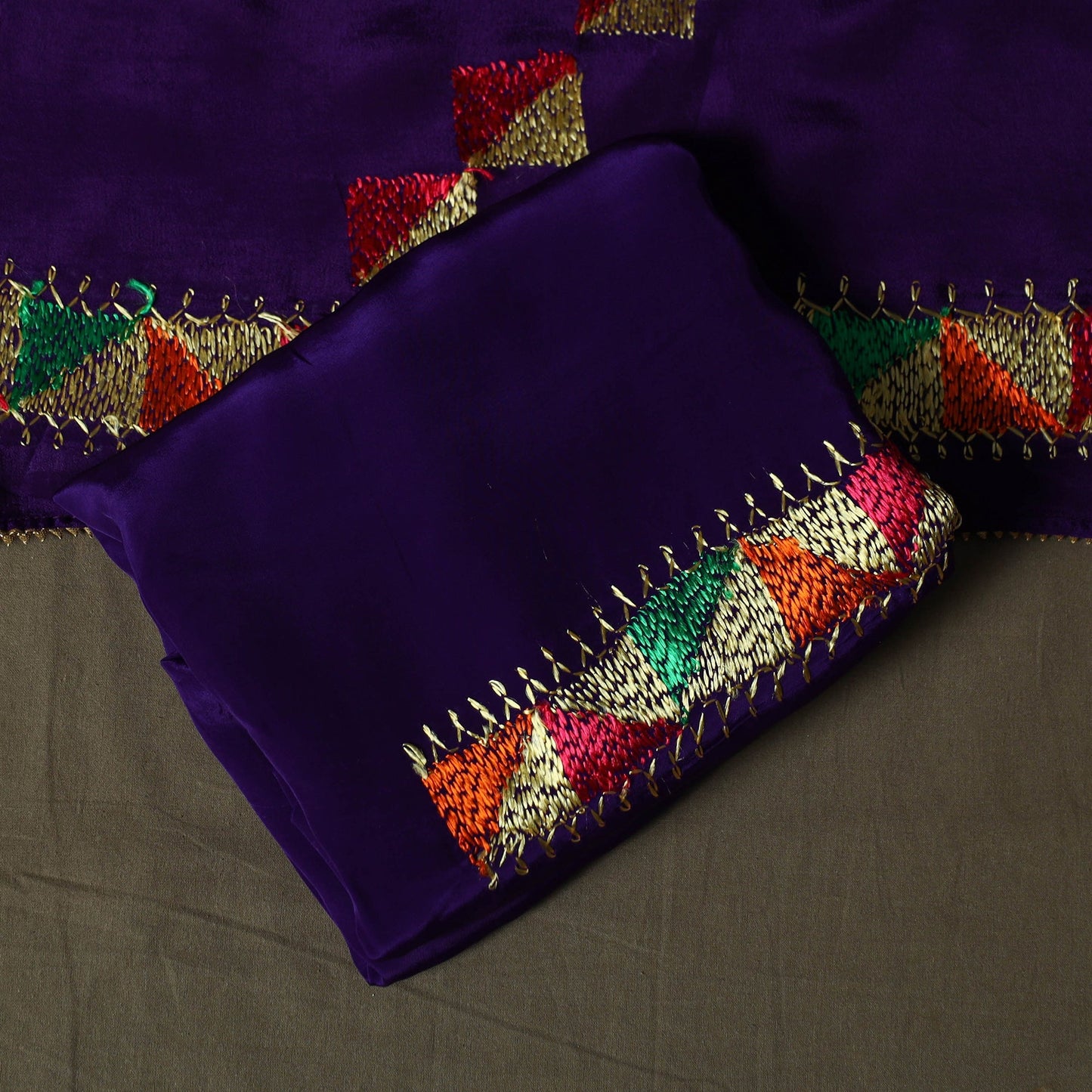 Phulkari hand embroidered crepe silk 3pc unstitched dress