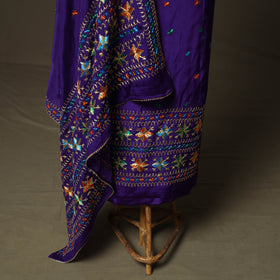 Phulkari hand embroidered crepe silk 3pc unstitched dress