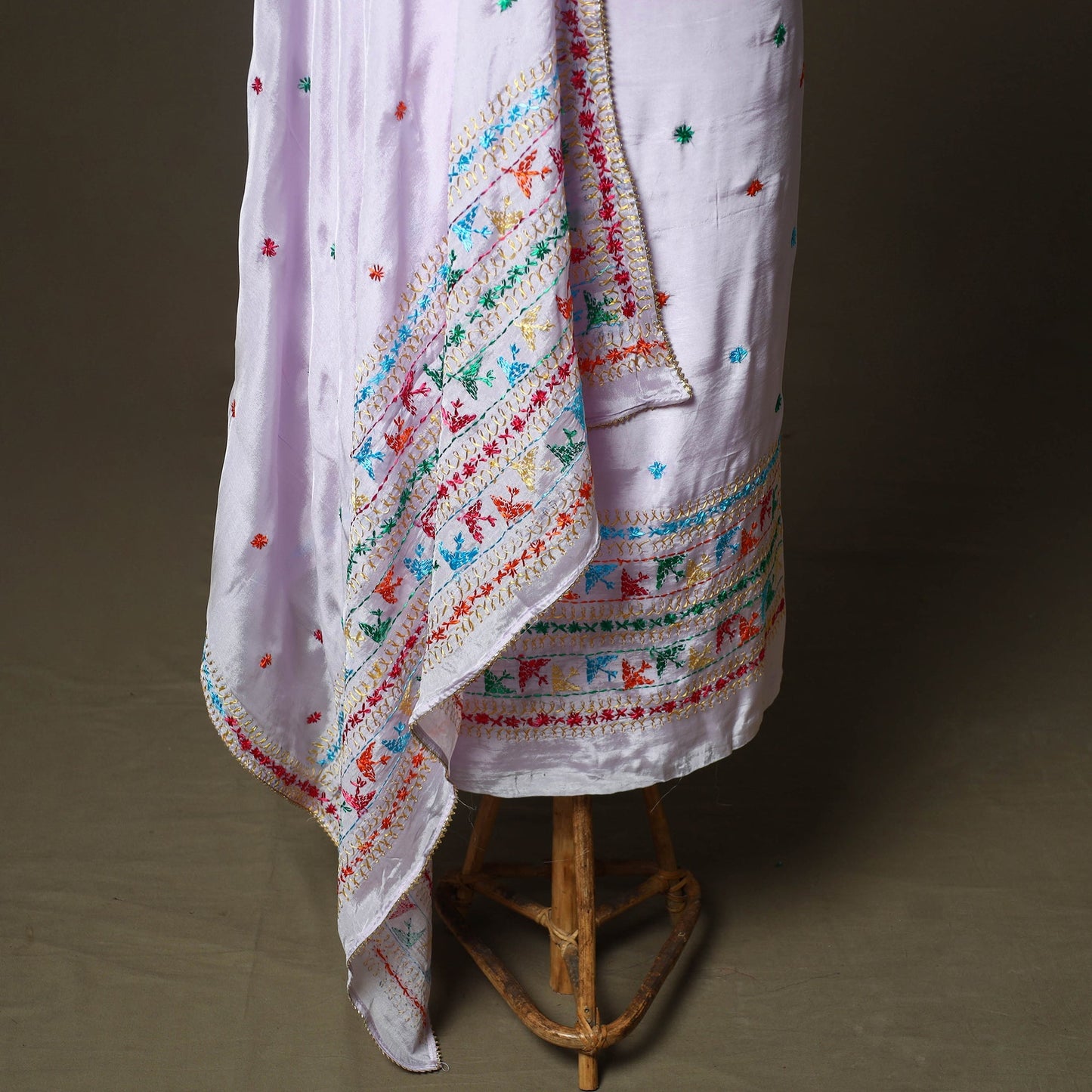 Phulkari hand embroidered crepe silk 3pc unstitched dress