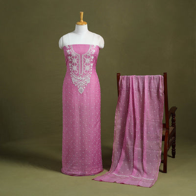Pink Hand Embroidery 2pc Mul Chanderi Chikankari Dress Material