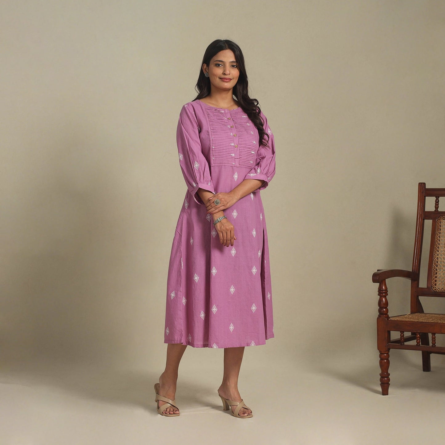 Purple - pintuck cotton jacquard dress 06 - handcrafted