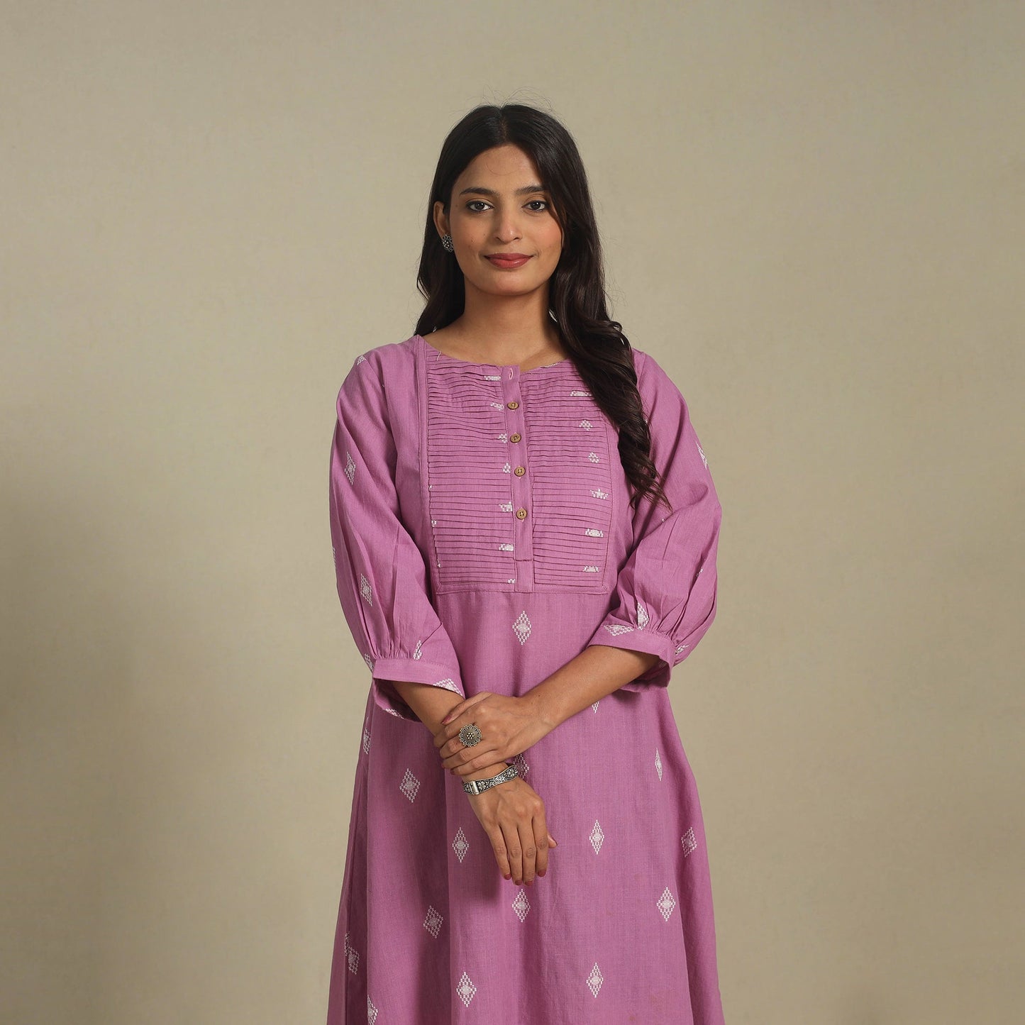 Purple - pintuck cotton jacquard dress 06 - handcrafted