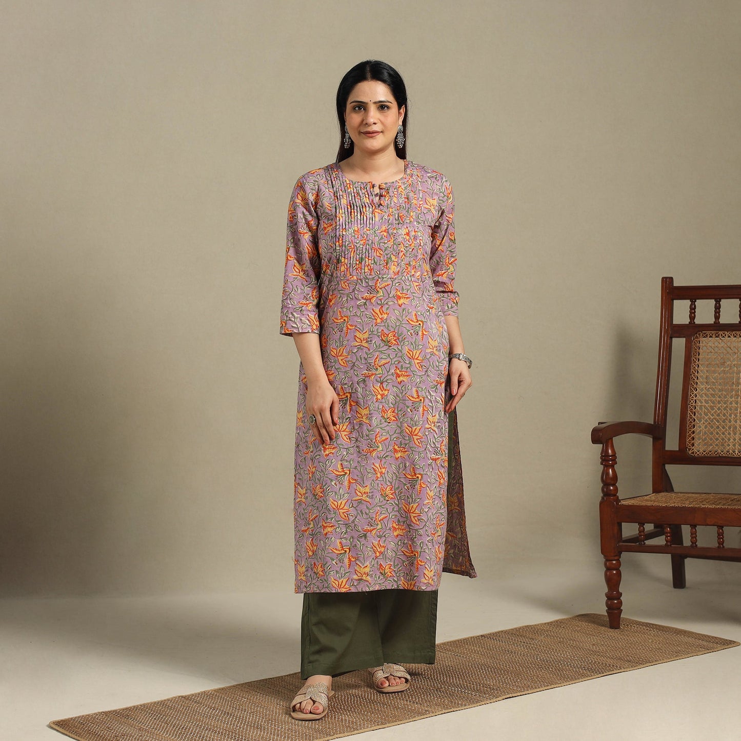Purple - pintuck cotton straight sanganeri kurta 14