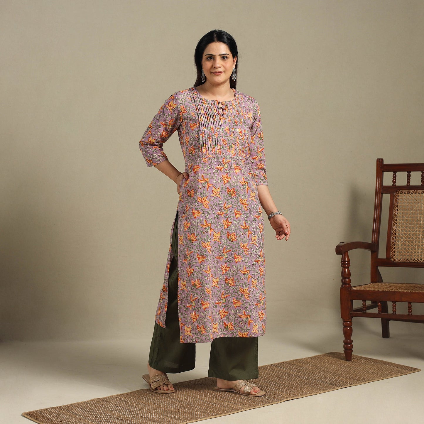 Purple - pintuck cotton straight sanganeri kurta 14