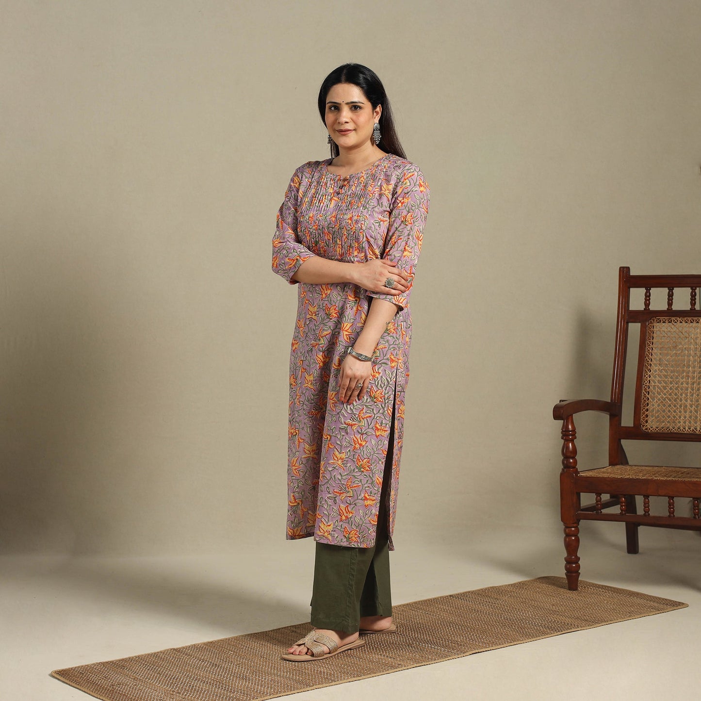 Purple - pintuck cotton straight sanganeri kurta 14