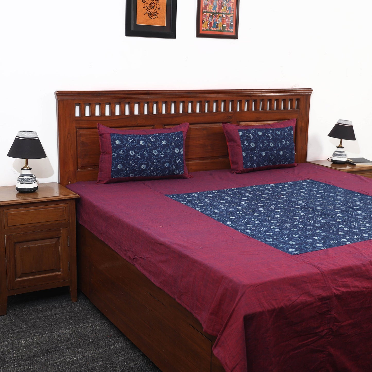 Purple - Plain Cotton Double Bed Cover with Block Print Patchwork (94 x 89 In)