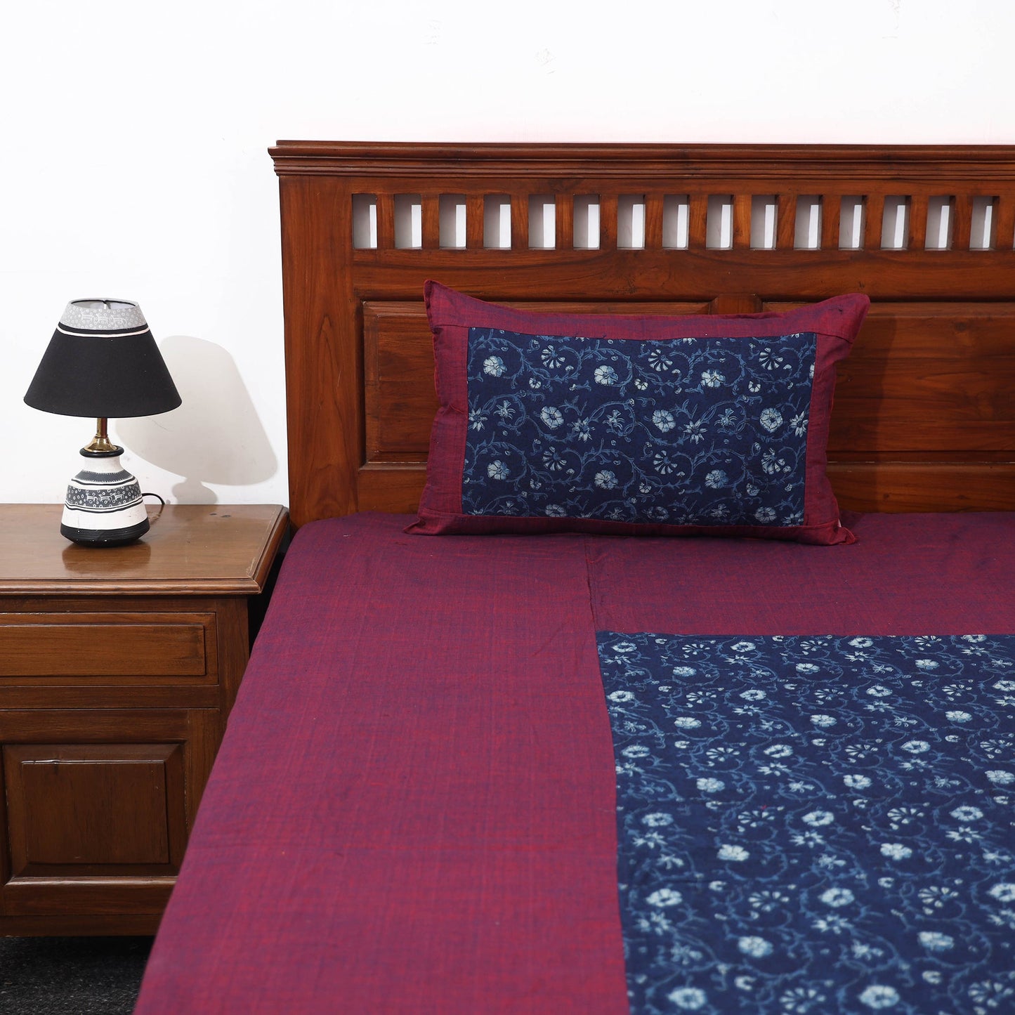 Purple - Plain Cotton Double Bed Cover with Block Print Patchwork (94 x 89 In)