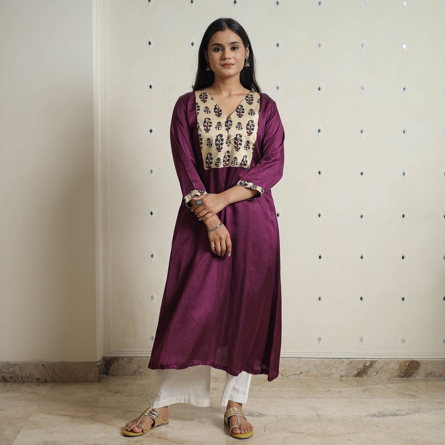 Purple - plain modal silk a-line kurta with patchwork 06