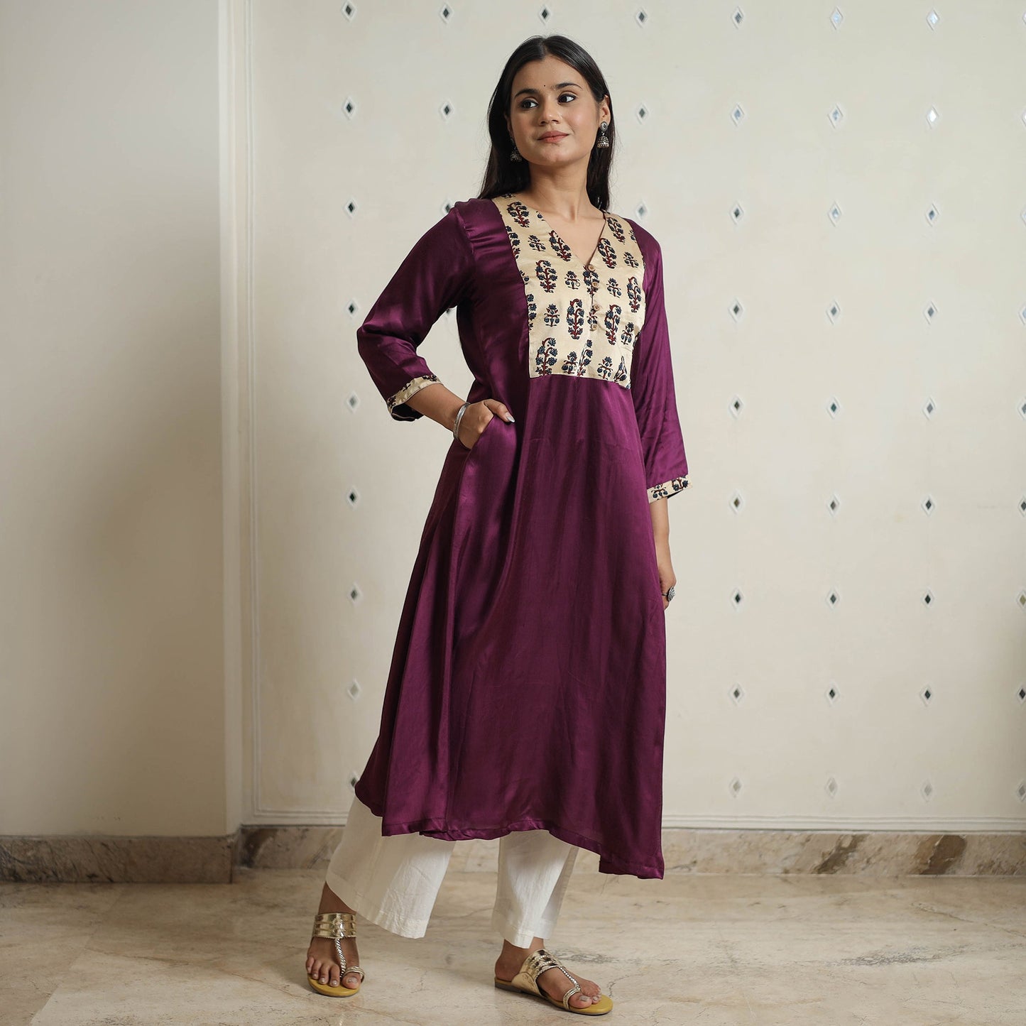 Purple - plain modal silk a-line kurta with patchwork 06
