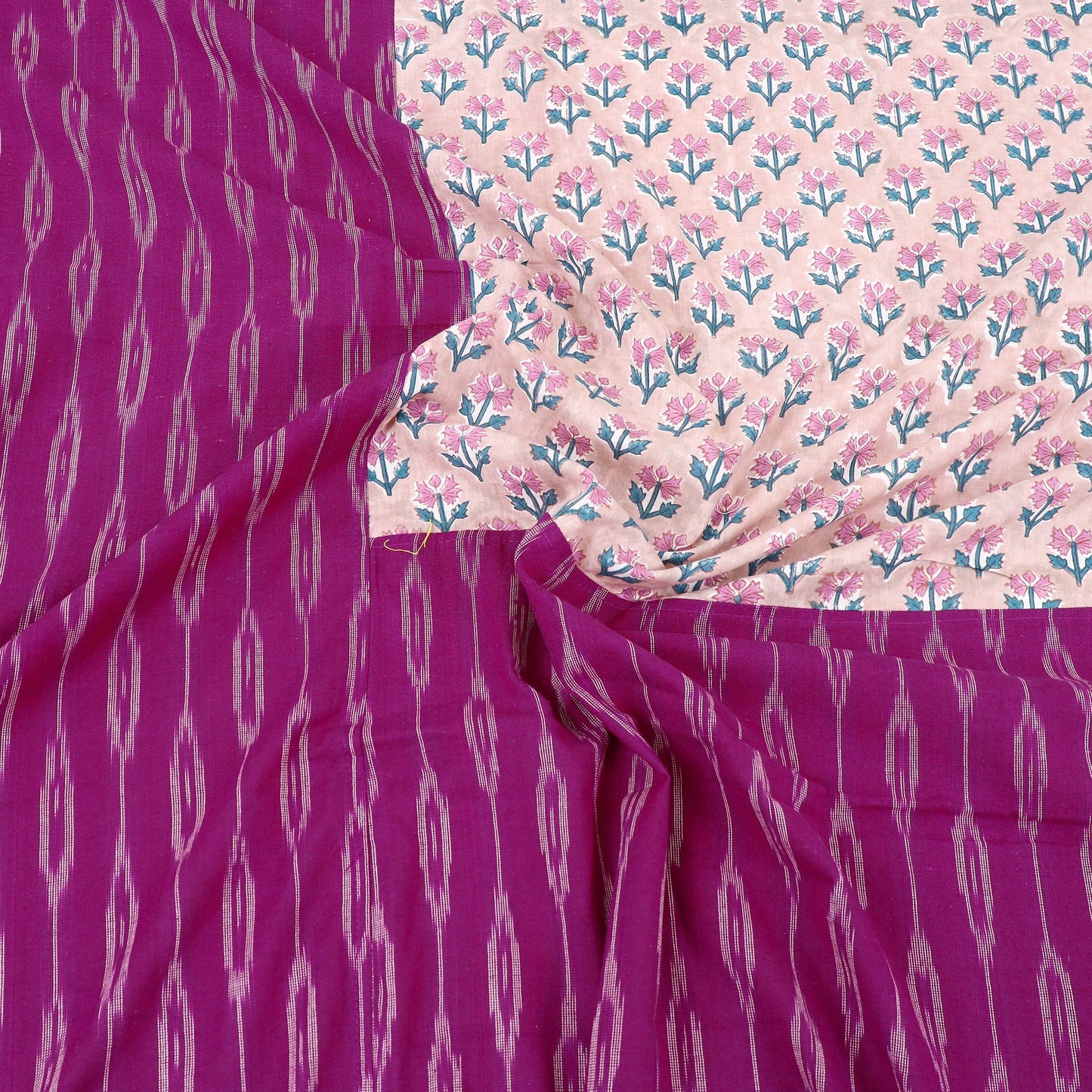 Purple Pochampally Ikat with Sanganeri Patch Cotton Bedsheet Set