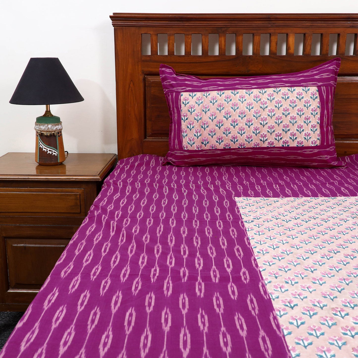 Purple Pochampally Ikat with Sanganeri Patch Cotton Bedsheet Set