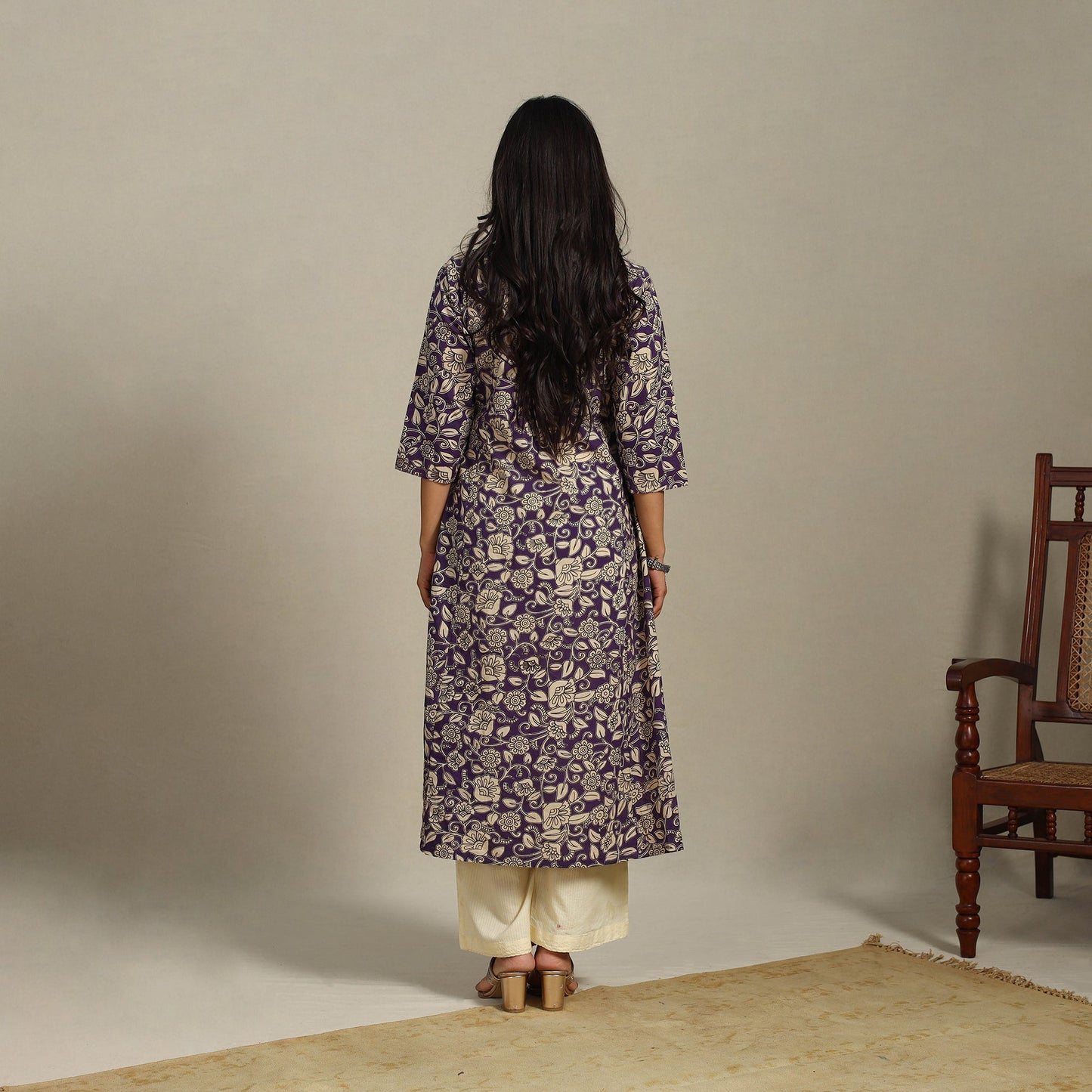 Purple Printed Cotton A-Line Kalamkari Kurta