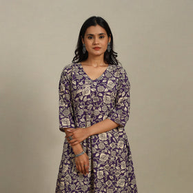 Purple Printed Cotton A-Line Kalamkari Kurta