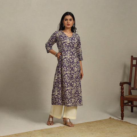 Purple Printed Cotton A-Line Kalamkari Kurta
