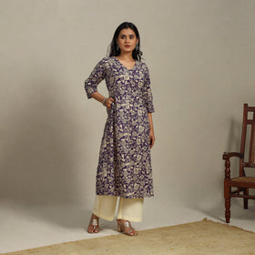 Purple Printed Cotton A-Line Kalamkari Kurta