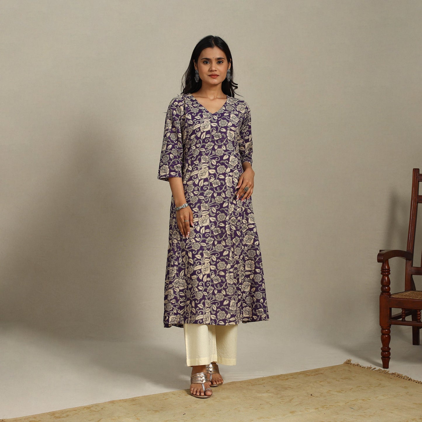 Purple Printed Cotton A-Line Kalamkari Kurta