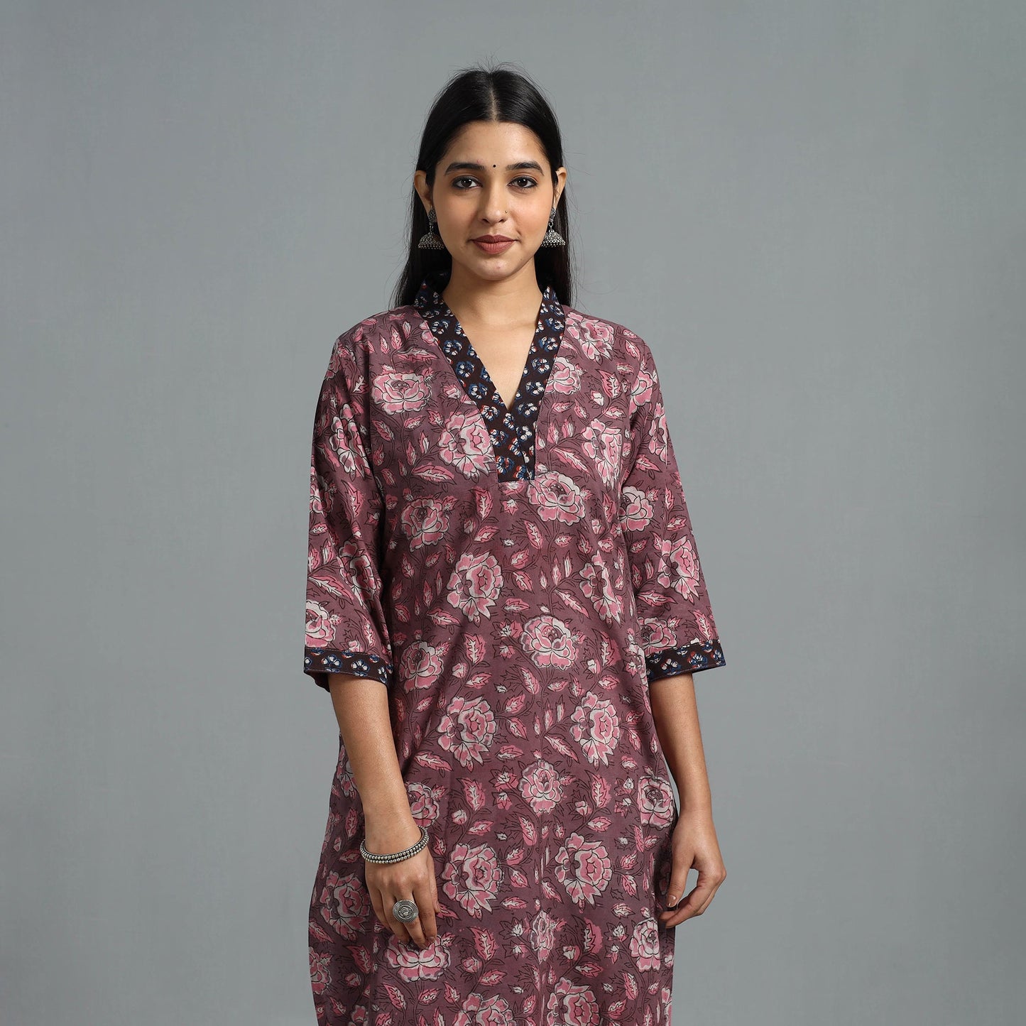 Buy Purple Block Printed Cotton Straight Bagru Kurta for Women