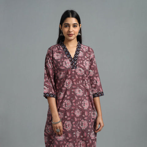 Buy Purple Block Printed Cotton Straight Bagru Kurta for Women