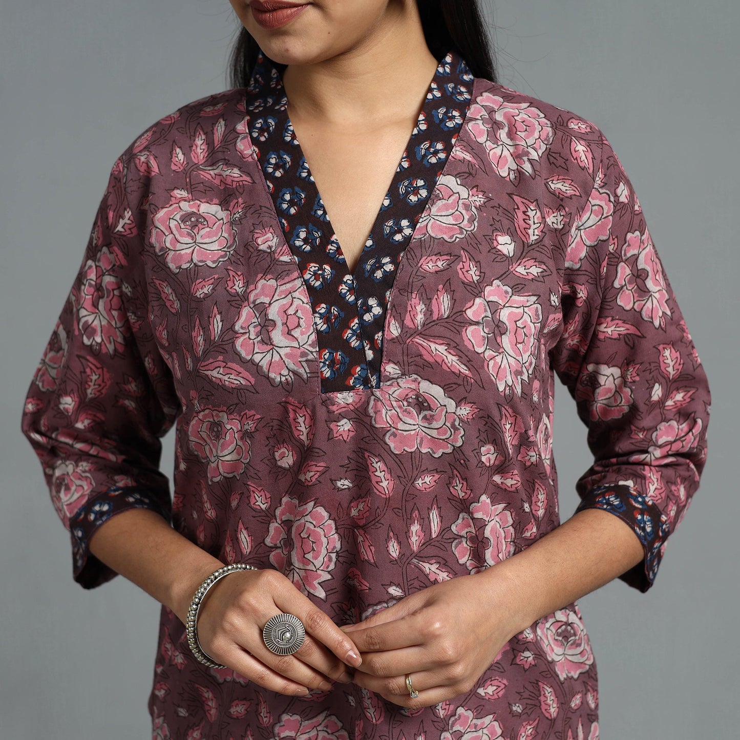 Buy Purple Block Printed Cotton Straight Bagru Kurta for Women