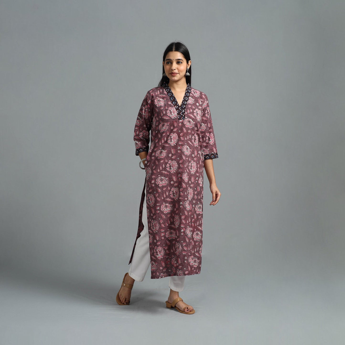 Buy Purple Block Printed Cotton Straight Bagru Kurta for Women