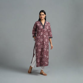 Buy Purple Block Printed Cotton Straight Bagru Kurta for Women