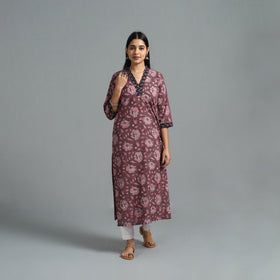 Buy Purple Block Printed Cotton Straight Bagru Kurta for Women