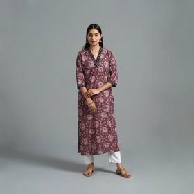 Buy Purple Block Printed Cotton Straight Bagru Kurta for Women