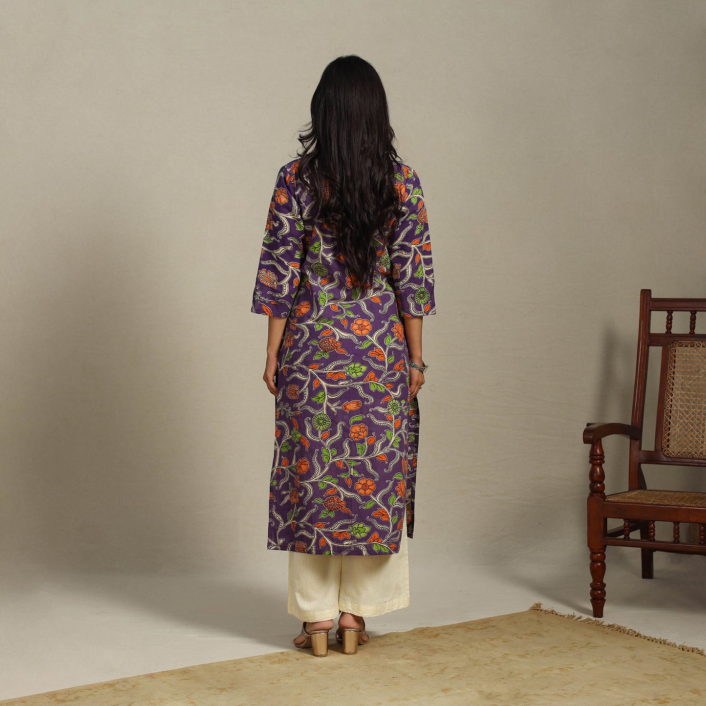 Purple Printed Cotton Straight Kalamkari Kurta