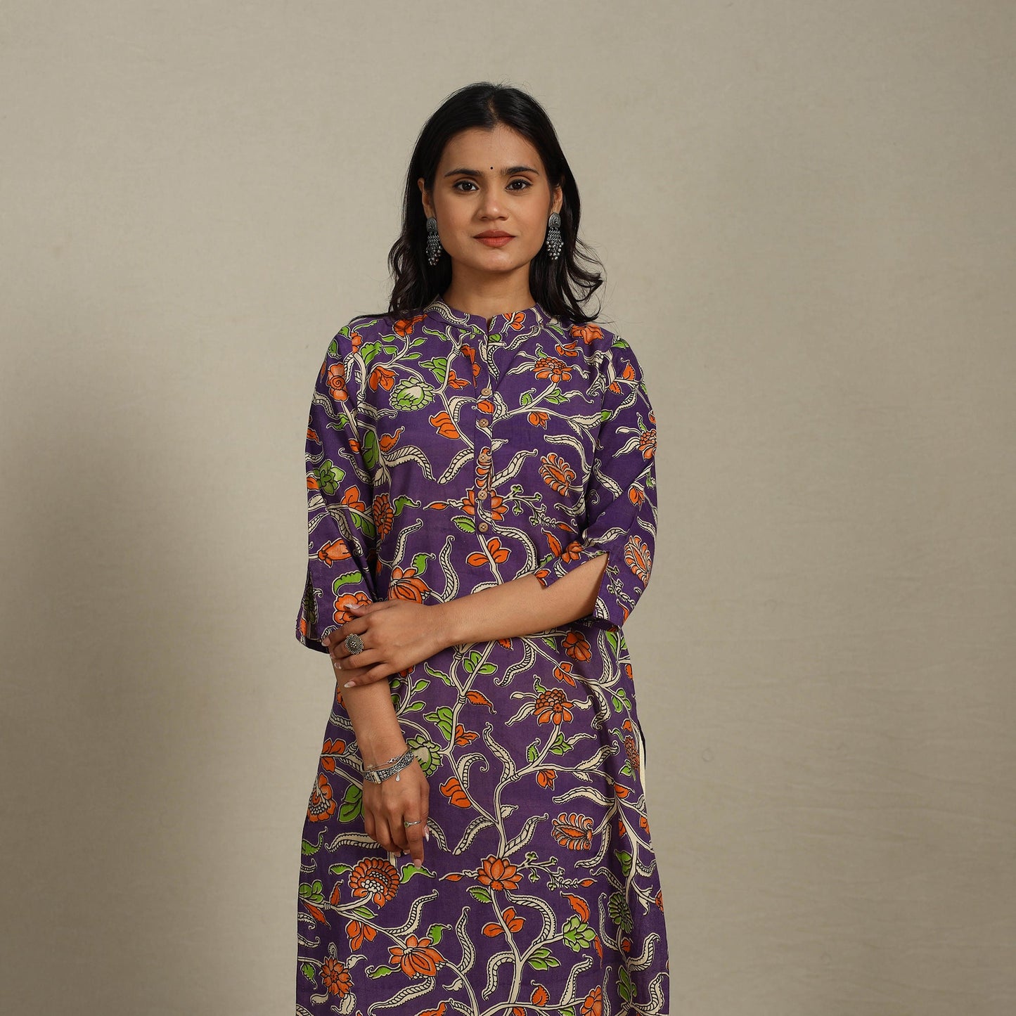 Purple Printed Cotton Straight Kalamkari Kurta