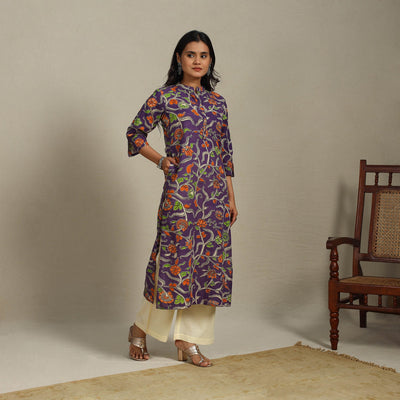Purple Printed Cotton Straight Kalamkari Kurta