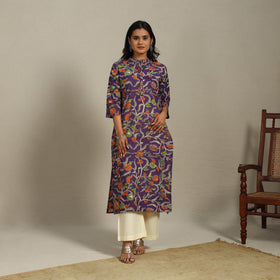 Purple Printed Cotton Straight Kalamkari Kurta