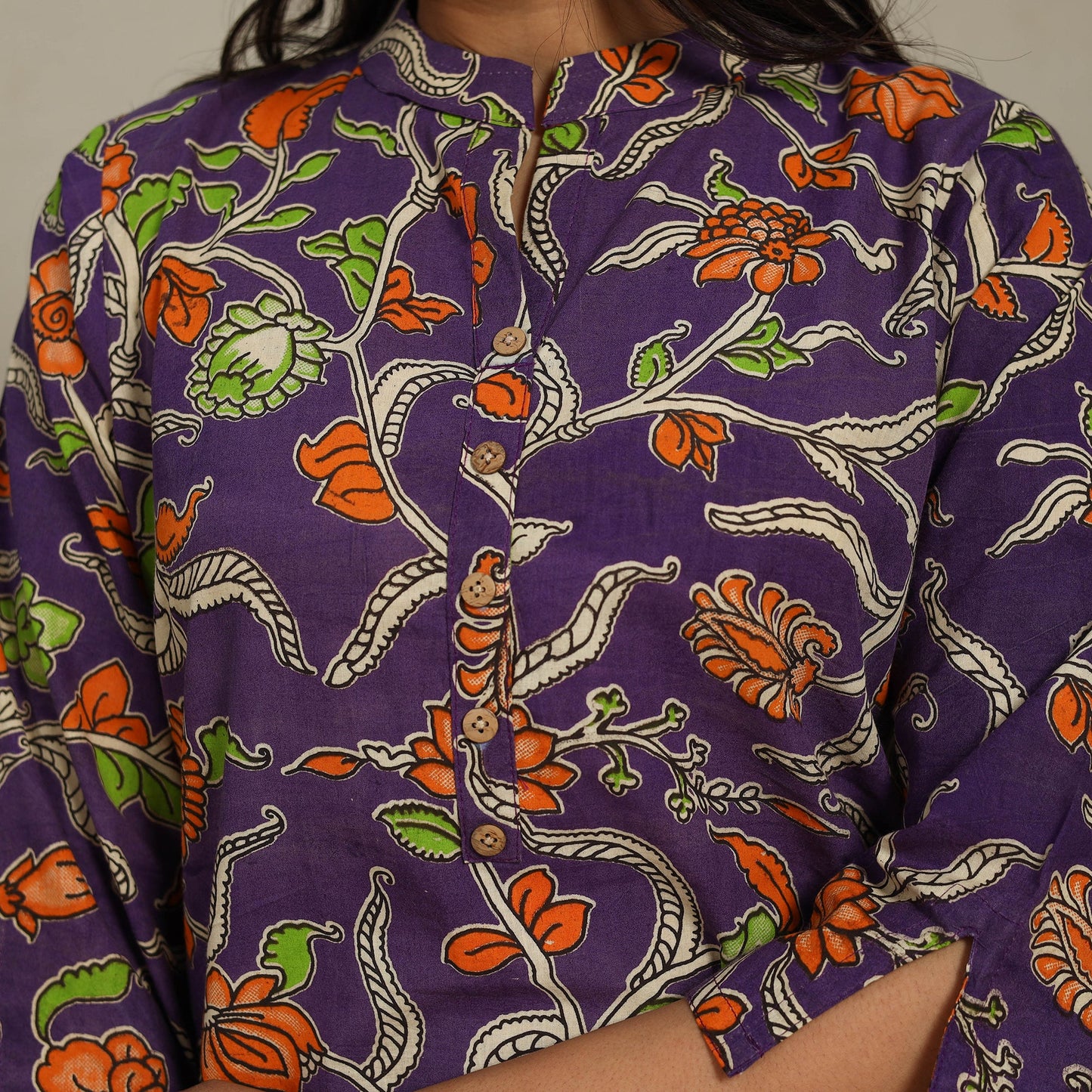 Purple Printed Cotton Straight Kalamkari Kurta