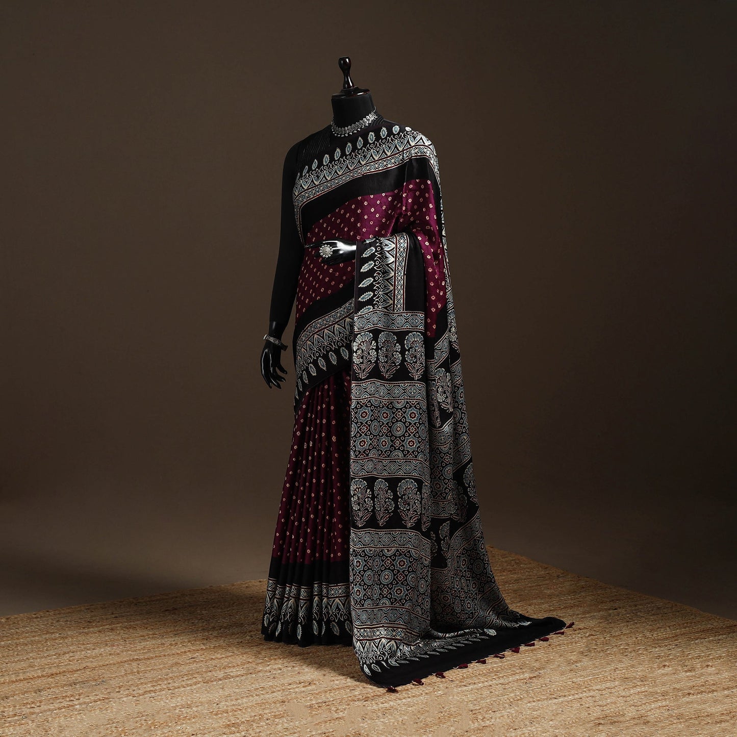 Purple - printed modal silk bandhani saree 02 - handcrafted