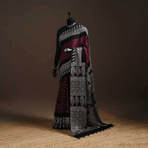 Purple - printed modal silk bandhani saree 02 - handcrafted