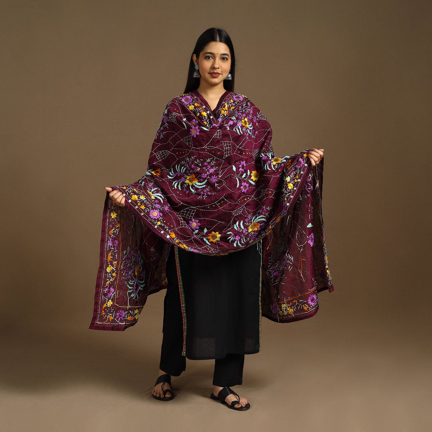  Purple Ranihati Chanderi Silk Hand Embroidery Dupatta