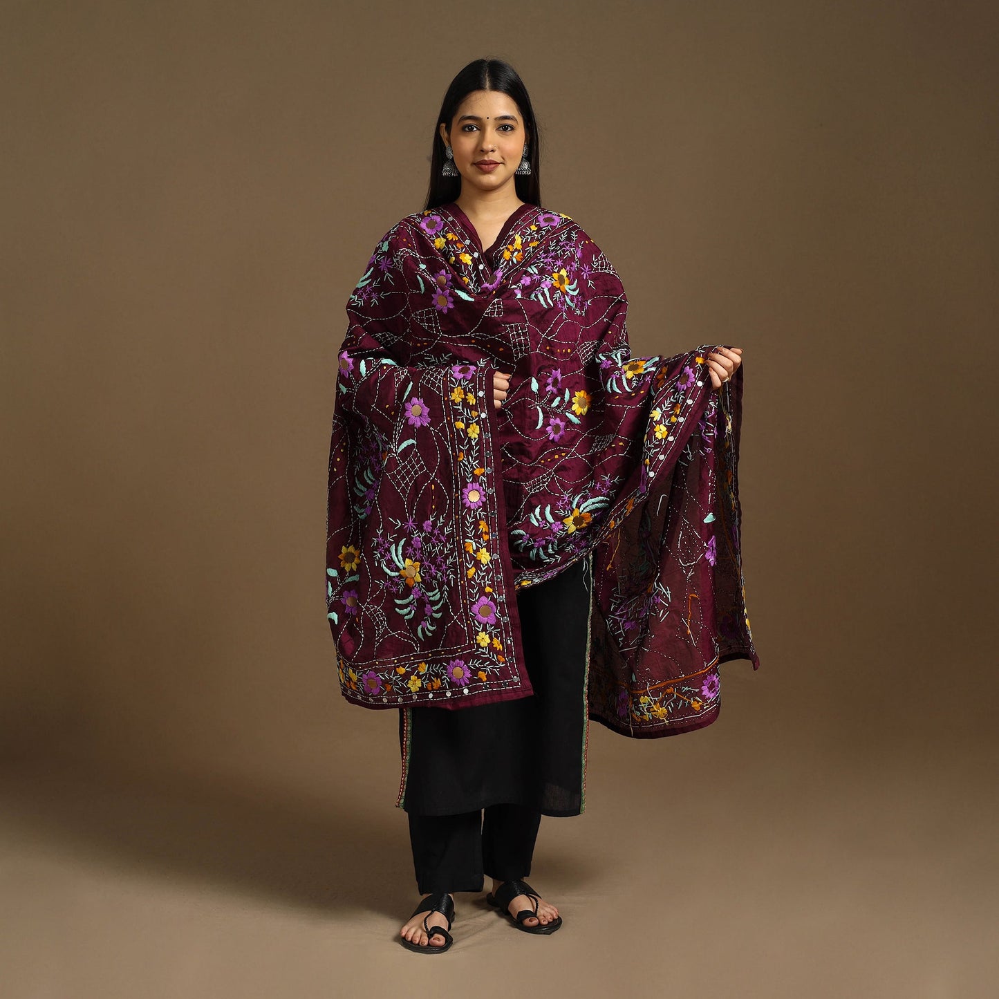  Purple Ranihati Chanderi Silk Hand Embroidery Dupatta