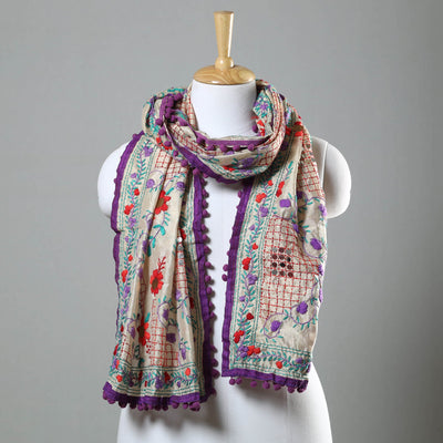 Purple Ranihati Chapa Work Embroidery Chanderi Silk Stole with Pom Pom