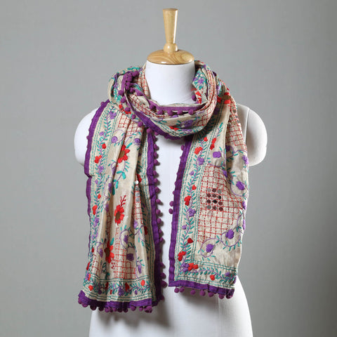 Purple Ranihati Chapa Work Embroidery Chanderi Silk Stole with Pom Pom