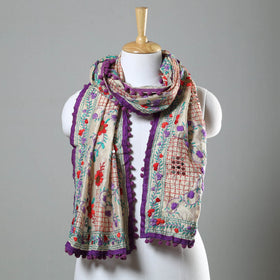 Purple Ranihati Chapa Work Embroidery Chanderi Silk Stole with Pom Pom