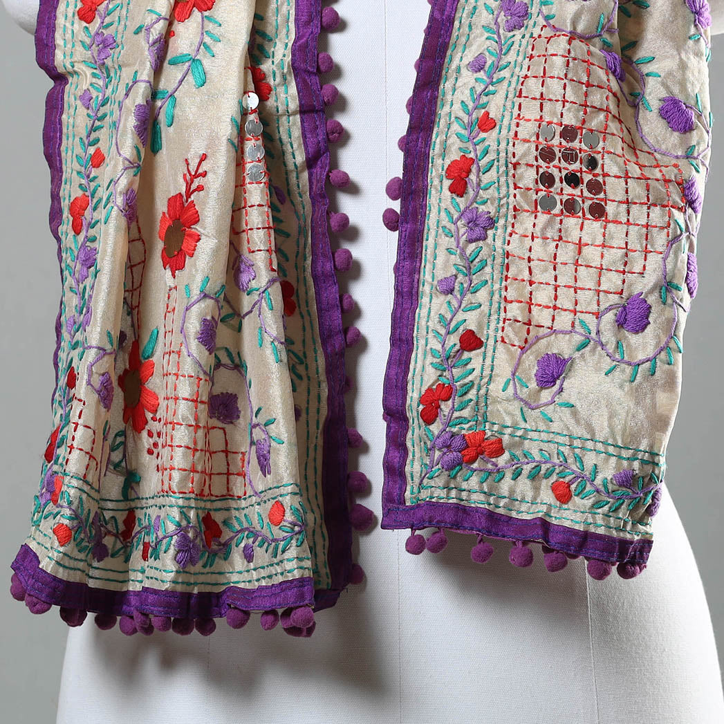 Purple Ranihati Chapa Work Embroidery Chanderi Silk Stole with Pom Pom