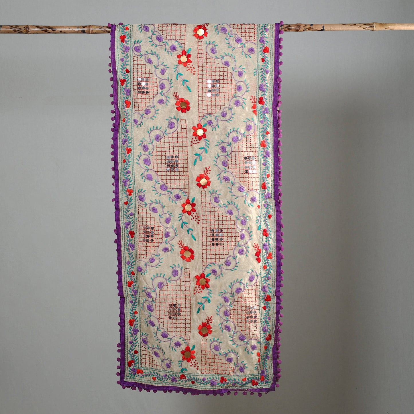 Purple Ranihati Chapa Work Embroidery Chanderi Silk Stole with Pom Pom