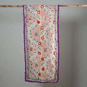 Purple Ranihati Chapa Work Embroidery Chanderi Silk Stole with Pom Pom