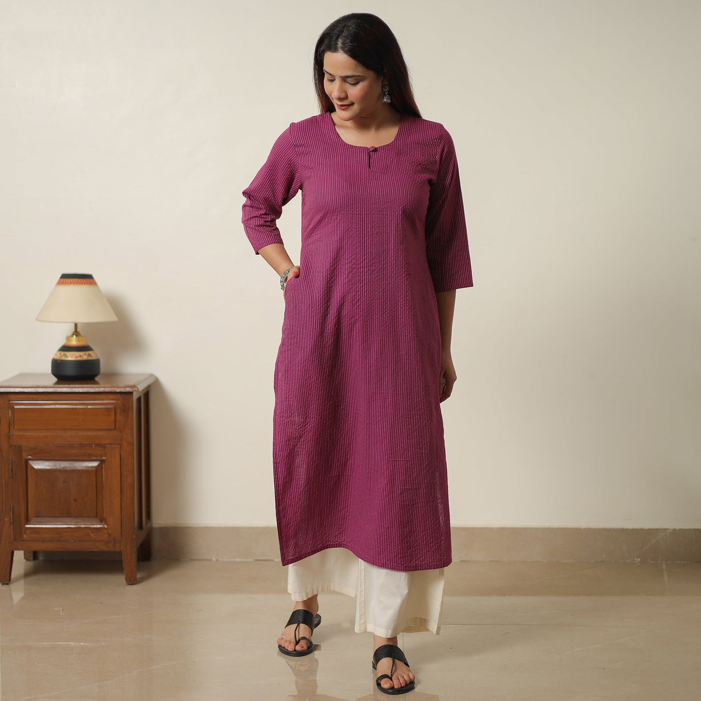 Buy Purple - Running Stitch Cotton Long Straight Kurta 18 Online at iTokri.com