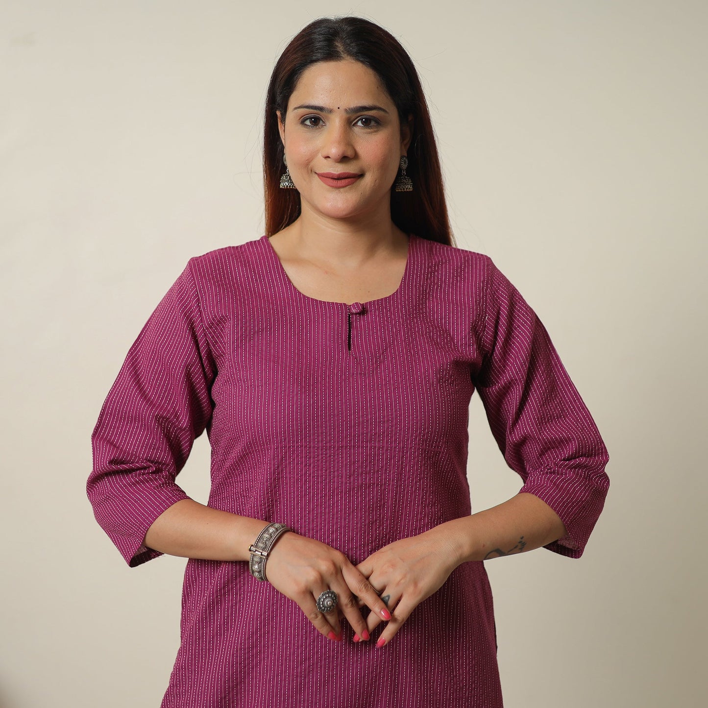 Buy Purple - Running Stitch Cotton Long Straight Kurta 18 Online at iTokri.com